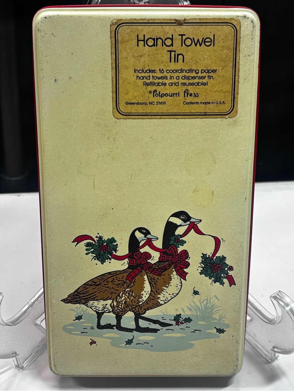 Vintage Potpourri Hand Towel Tin No Napkins Christmas Holiday Geese